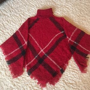 Red, black, and white plaid poncho